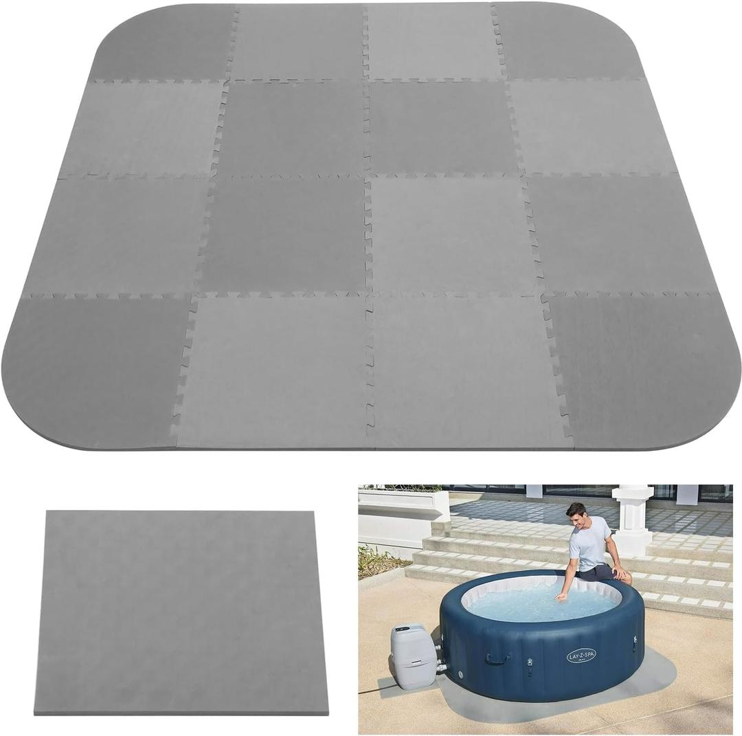 Nisorpa 1/2" Extra Thick Large Hot Tub Mat for Inflatable Tub, 85" Indoor Outdoor Hot Tub Pad Foundation, Waterproof Interlocking Eva Foam Padding Non Slip Pool Spa Flooring Protector Mats Square Grey