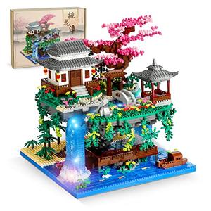 NEWABWN Peach Blossom Pond Micro Mini Building Blocks Set for Adults and Kids, Chinese Architecture Cherry Bonsai Gift Toys with String Lights, Japanese Flowers Tree House Micro Bricks (3320PCS)