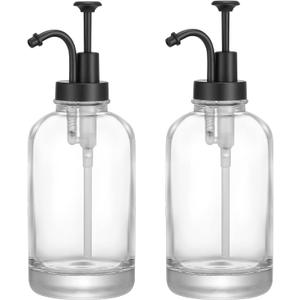 2 Pcs Thick Clear Glass Jar Soap Dispenser with Matte Black Pump, 17 oz Boston Round Bottles Dispenser with Rustproof Pump, Coffee Syrup Dispenser Bar Accessories, Dish Soap Dispenser for Kitchen