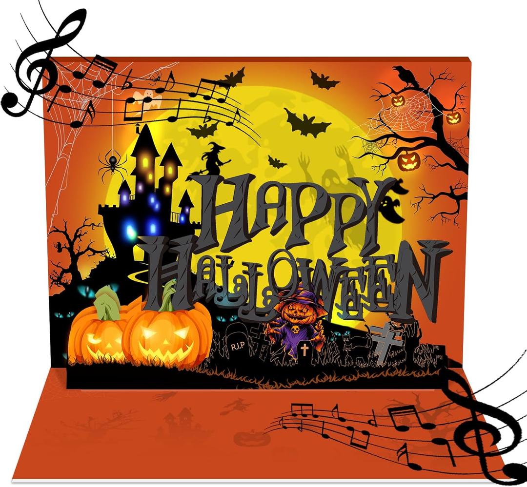 2 x 3D Pop Up Happy Halloween Card, 3D Greeting Pop Up Halloween Card with Light and Music, For Lover, Friends, Family, Colleagues, Includes Message Card and Envelope