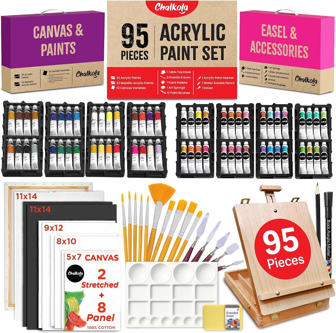 Chalkola 95 Pcs Acrylic Painting Kit for Adults Art - 64 Acrylic Paint Set