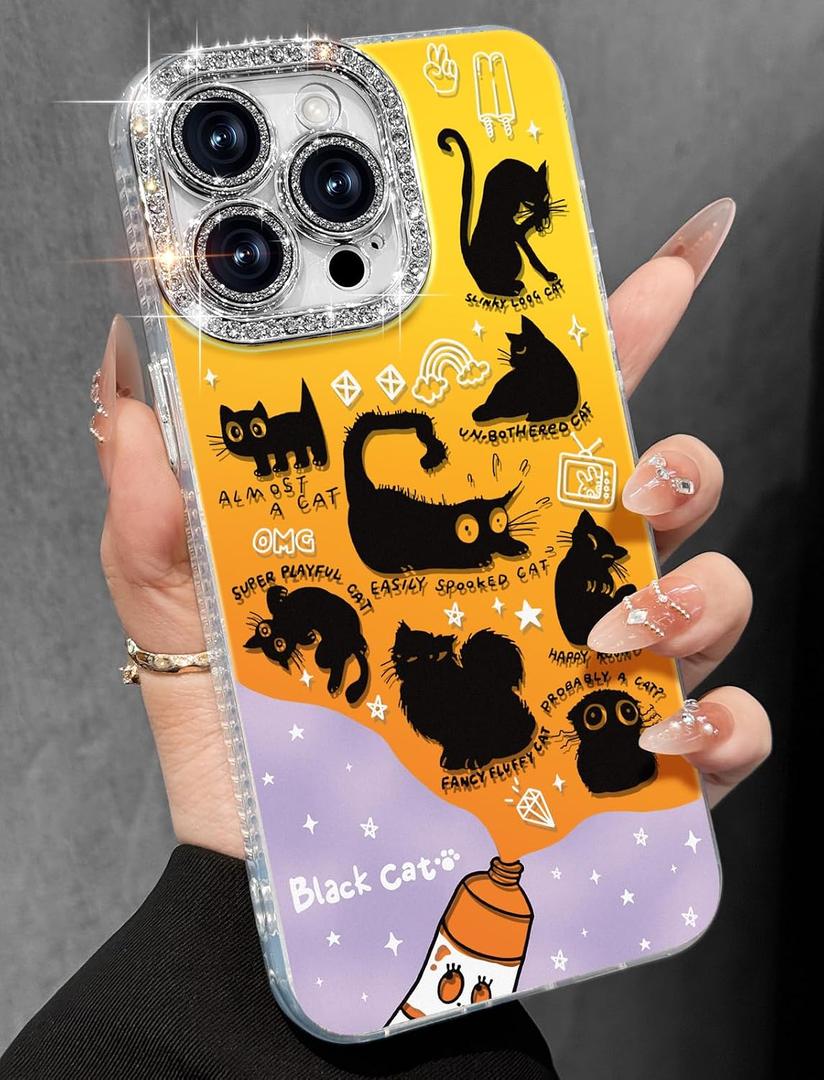 Toycamp for iPhone 14 Pro Case - Aesthetic Cute Paint Black Cats 14 Pro Phone Case with Diamond Bling Lens Protector Laser Glitter Holographic Y2K i Phone 14 Pro Cover for Women Girly, 2 Pack