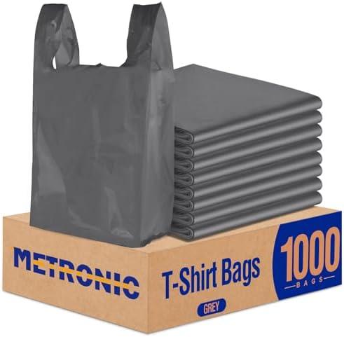METRONIC 1000 Count Grey Plastic T-shirt Bags with Handle, 11.5 x 6.5 x 21 Plastic Carry Bags for Retail, Supermarket, Grocery Shopping Bag for Packaging, Take out, To Go, Convenience Stores, in Bulk