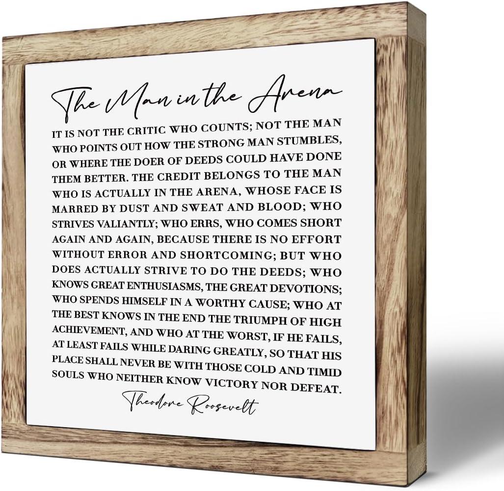 Christian Wood Decor, Motivational Wood Signs for Home Office Decor, Male Office Decoration, Adult Man Room Decoration, Wooden Plaques Box Signs 9.8* 9.8, Christian Gift for Him, The Man in the Arena Sign
