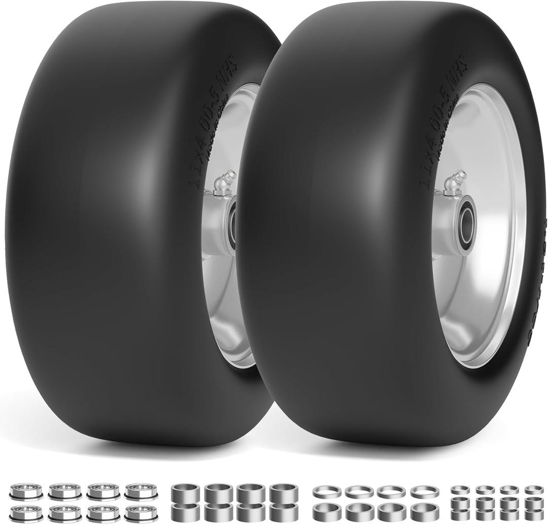 RONPOW 11x4.00-5 Lawn Mower Tires Flat Free and Wheel, 11x4-5 Solid Front Tires for Zero Turn Mower, 350Lbs Load, 3/4", 5/8" and 1/2" Bearings, 3.4"-5.8" Hub for Residential Commercial, 2Pack Gray