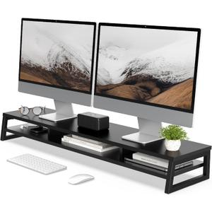 Fenge Dual Monitor Stand for Desk, 42.5in Large Monitor Riser for 2 Monitors, 2 Tier Computer Office Desk Top Shelf, Desktop Storage Stand for Laptop, PC, Computer, Printer (Black)