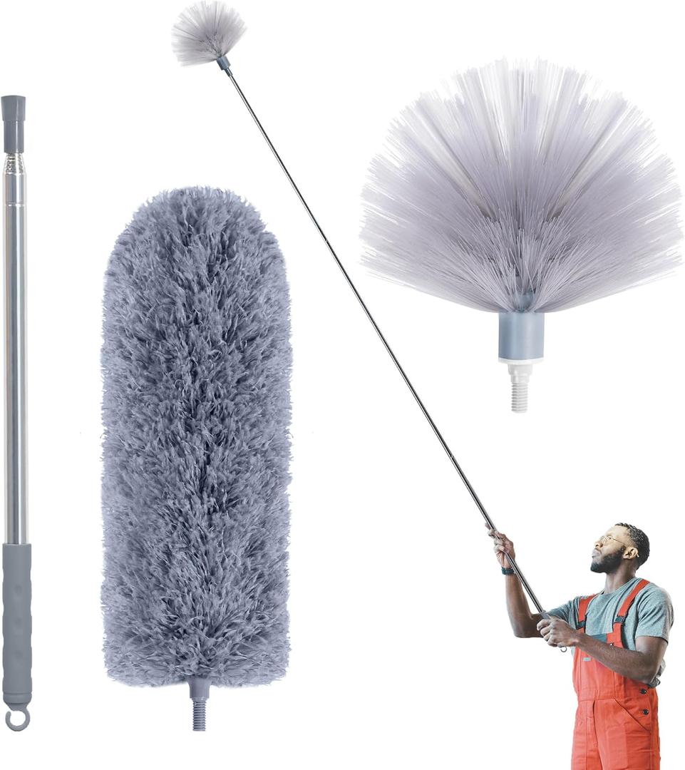 Cobweb Duster with Extension Pole, Spider Web Brush & Ceiling Cleaning Kit, 100" Microfiber Feather Duster Cleaner with Washable Head for Ceiling Fan, Furniture, Home (Set A: Spider Web Brush & Ceiling Duster)