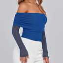 BTFBM Women's Long Sleeve Shirts 2025 Fall Crop Going Out Tops Mesh Ruched Casual Off Shoulder Blouses Y2K Clothes (Blue, XL)