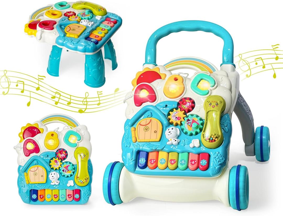 Sit to Stand Baby Walker, Activity Center with Music and Light, Activity Table for Toddlers, Push Toys for Babies Learning to Walk, Early Education Toys for Infant Boys Girls 6 Months Up (Blue)