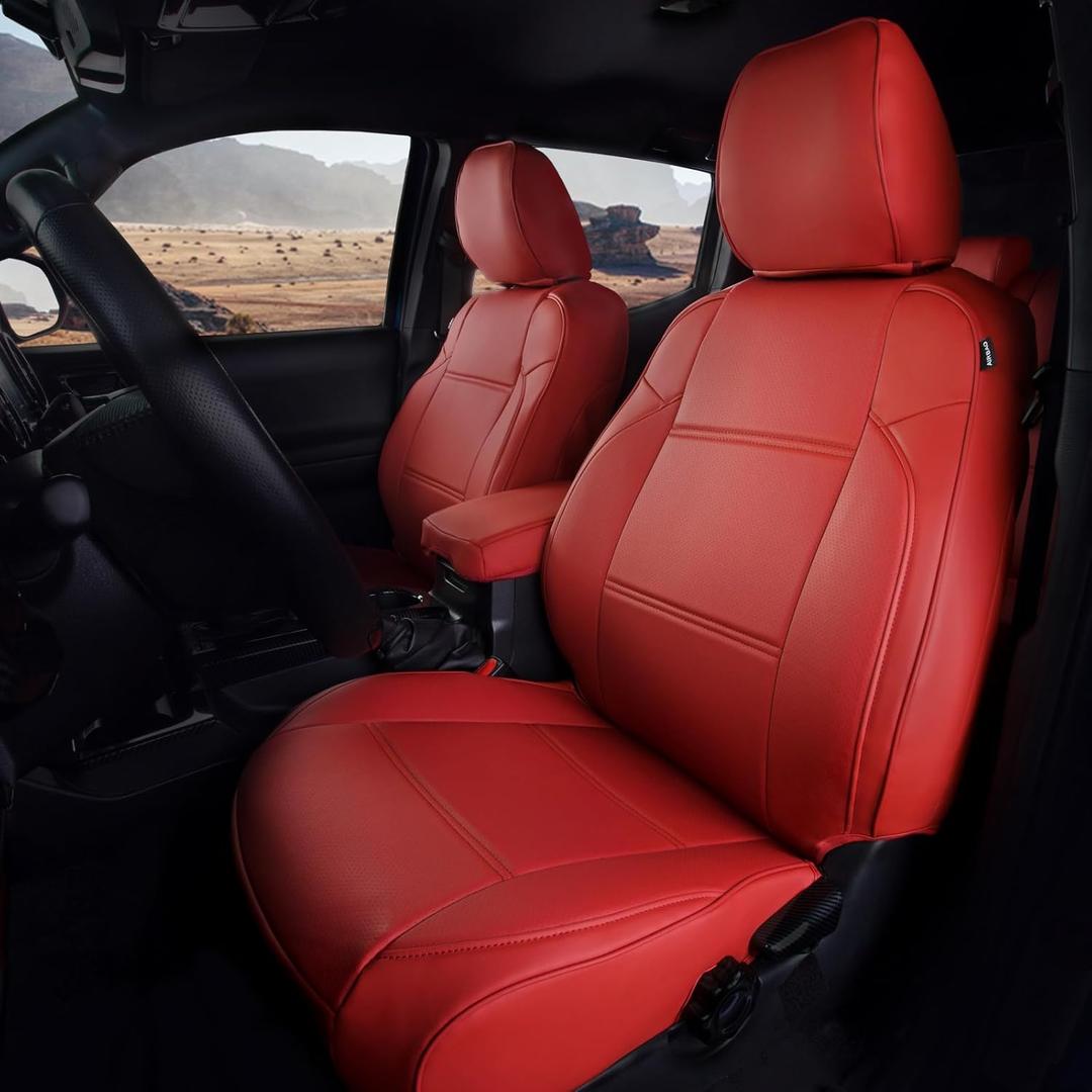 CoverCenter for Toyota Tacoma Seat Covers 2023-2016, Custom-Fit Full Set Seat Cover for 2016-2023 Toyota Tacoma Crew/Double Cab Durable Red Leather Car Trucks Accessories