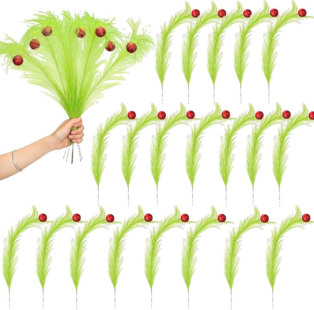 20 PCS Christmas Tree Topper,14" Green Christmas Floral Picks with Red Ball,Xmas Artificial Green Stems,DIY Artificial Flowers Wreath Xmas Ornaments Crafts Winter Home Decor Gift Wrapping