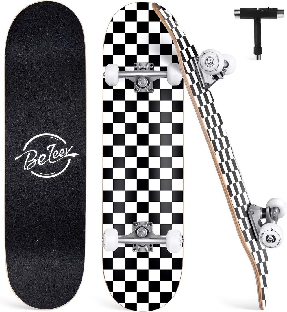 BELEEV Skateboards for Beginners, 31 x 8 inch Complete Skateboard for Kids Teens Adults, 7 Layer Canadian Maple Double Kick Deck Concave Cruiser Trick Skateboard with Multifunction Skate T-Tool