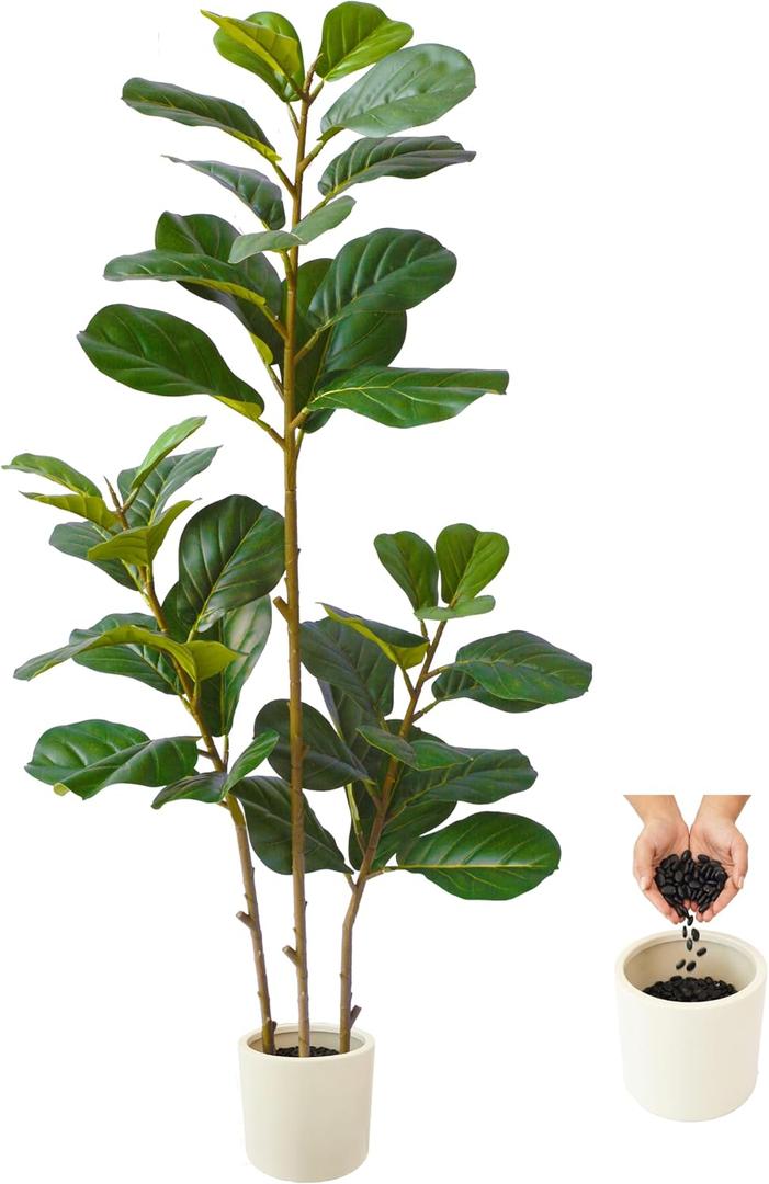Warmplants Artificial Fiddle Leaf Fig Tree 5ft Tall with White Planter | Fake Ficus Lyrata Plant, Faux Fig Trees for Indoor Home Office Living Room Decor