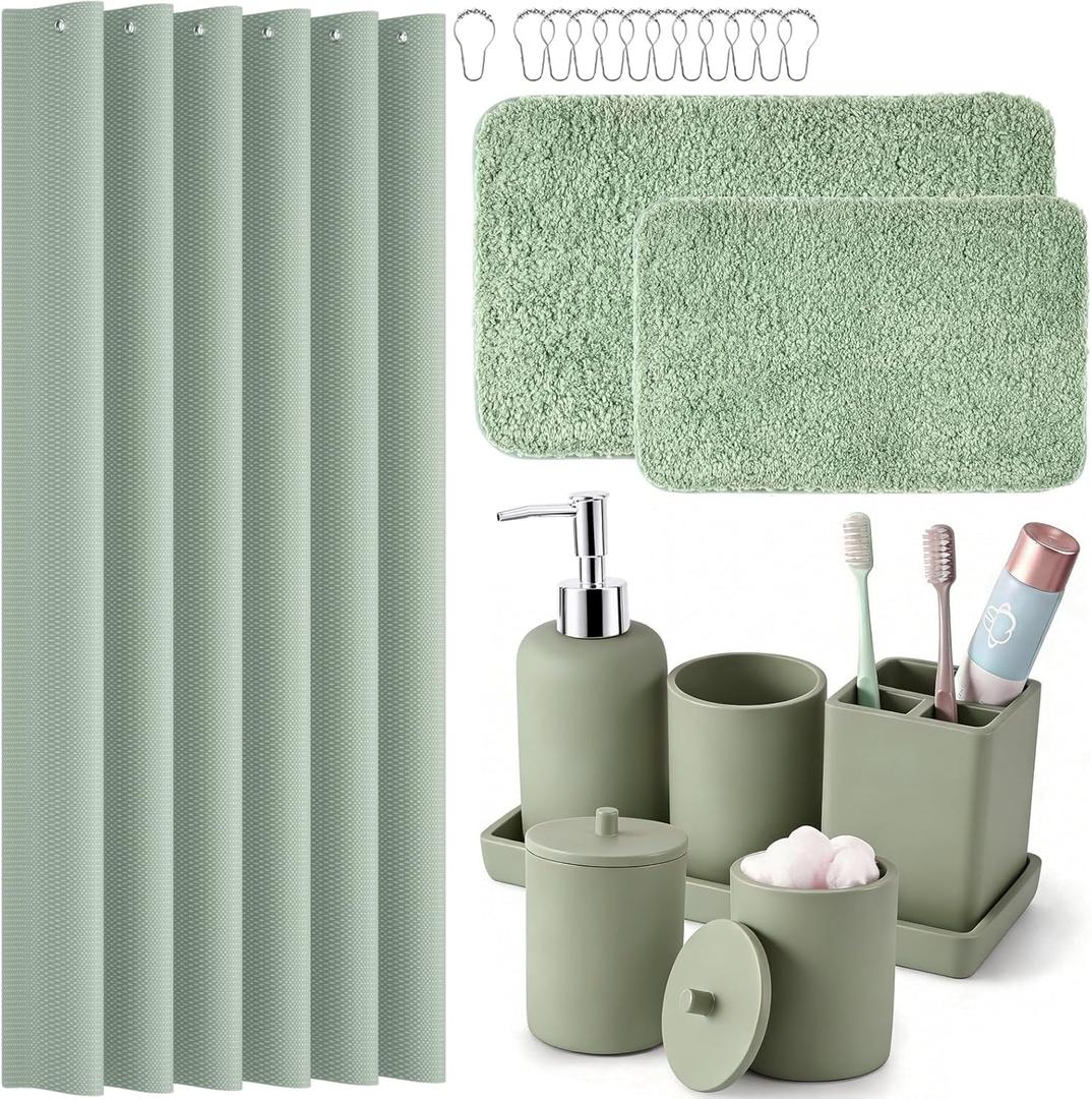Sage Green Bathroom Accessories Set with Shower Curtain and Mats, 21 Pcs Resin Toothbrush Holder Sets with Holder and Lotion Soap Dispenser,Bathroom Countertop Organizer Set for Home Apartment