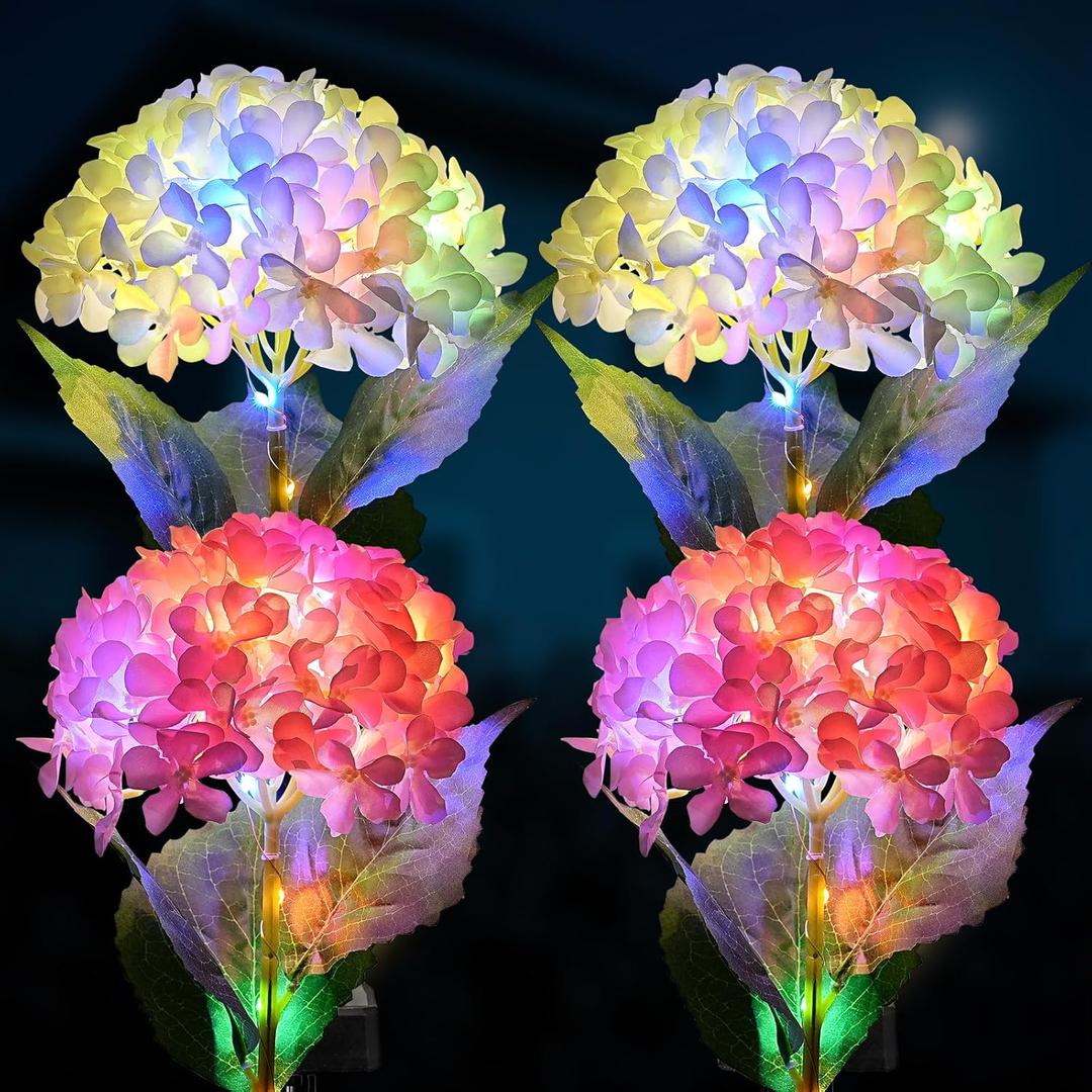 4 Pack Solar Garden Lights Outdoor, LED Colorful Waterproof Solar Powered Hydrangea Flowers Landscape Lights for Patio, Outside Yard, Pathway Decorative, Dcor, Two Lightning Modes