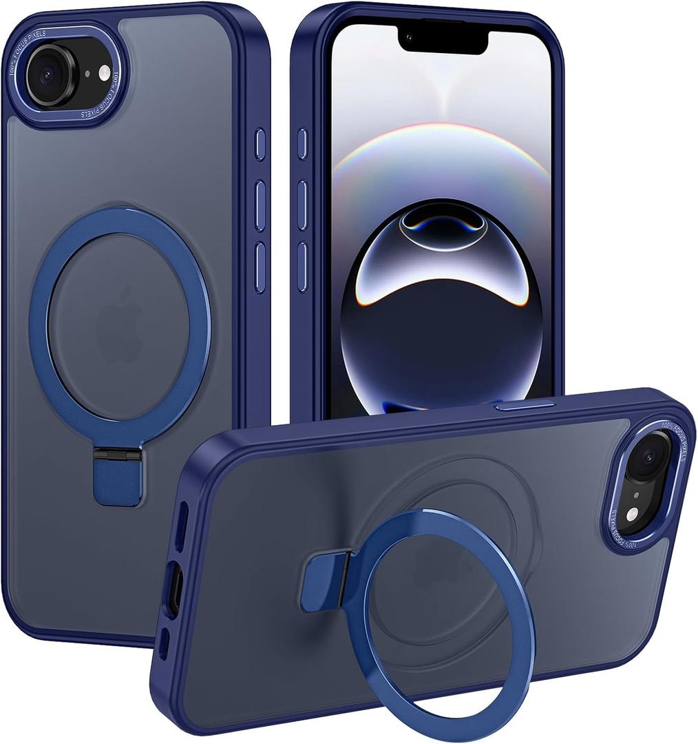 for iPhone 17e/16e Case,with Magnetic Invisible Stand [Compatible with MagSafe] Shockproof Slim Translucent Anti-Slip Military Drop Protection Cover,Navy Blue