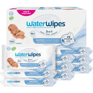 WaterWipes Sensitive+ Newborn & Baby Wipes, 3-In-1 Cleans, Cares, Protects, 99.9% Water, Unscented & Hypoallergenic, 540 Count (8 Pack)