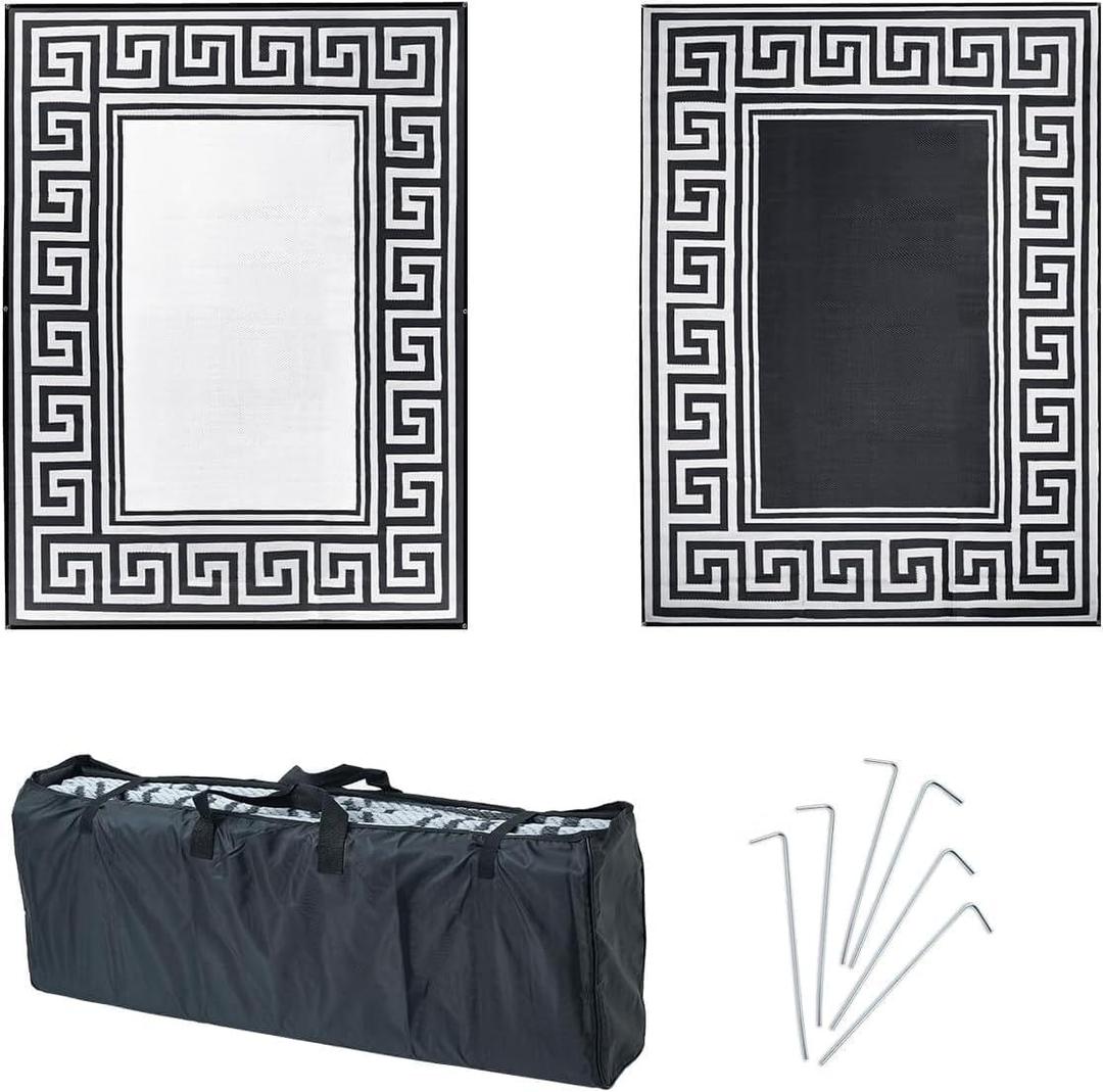 Reversible Rugs Mats, 9x12ft Outdoor Plastic Straw Rug Waterproof for RV, Patio, Garden, Balcony, Backyard, Deck, Picnic, Beach, Camping (New Grecian Complete Kit, Silver)