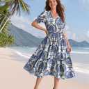 YESNO Summer Floral Midi Dresses for Women V Neck Puff Short Sleeve Frill Trim Dress with Pockets EVX (XXXL)