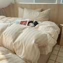 Nayoroom Striped Duvet Cover Queen Size 100% Washed Cotton Beige Duvet Cover with Black White Stripes Pattern Printed Comforter Cover 3 Pieces Soft Breathable Dorm Bedding Set for All Seasons