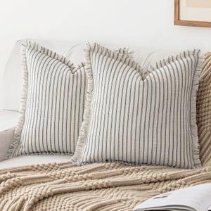 Throw Pillow Covers 18x18 Set of 2 Striped Fringe Pillow Cover Farmhouse Cushion Covers with Tassel Neutral Boho Pillows Decorative Square Pillowcase for Couch Sofa Bed, Grey