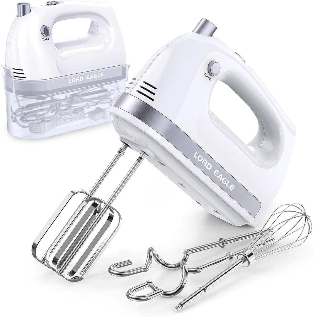 Lord Eagle Hand Mixer Electric 400W, 5 Speed handheld Mixer, 5 Stainless Steel Accessories for Baking Cake Egg Cream Food Beater, Turbo Boost/Self-Control Speed + Eject Button (General, White)