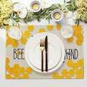 Giwawa Bee Kind Placemats Set of 4-12"x18" Summer Bees Floral Linen Place Mat- Yellow Honeycomb Washable Heat Resistant Table Mats for Kitchen Dining Party Tabletop Picnic Decoration