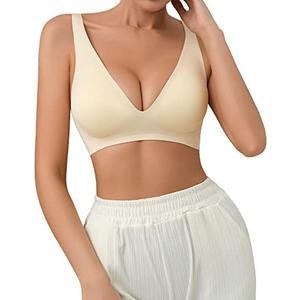 SHARICCA Pro Seamless Bra for Women Deep V Neck Wirefree Bra Adjustable Strap Comfort Sleep Bra Removable Padded Bralette Large