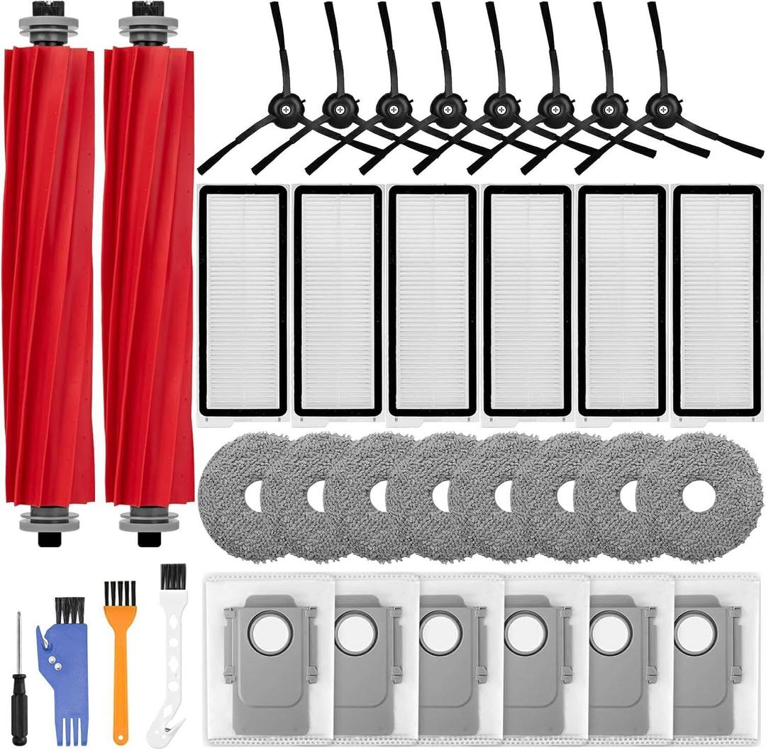 34 PCS Accessories Replacement Kit for Roborock Qrevo S/Qrevo Plus/Qrevo Pro/Qrevo MaxV Vacuum Robot,2 Main Brush,8 Mop Pads,8 Side Brushes,6 HEPA Filter,6 Dust Bags,3 Cleaning Brushes,1 Screwdriver