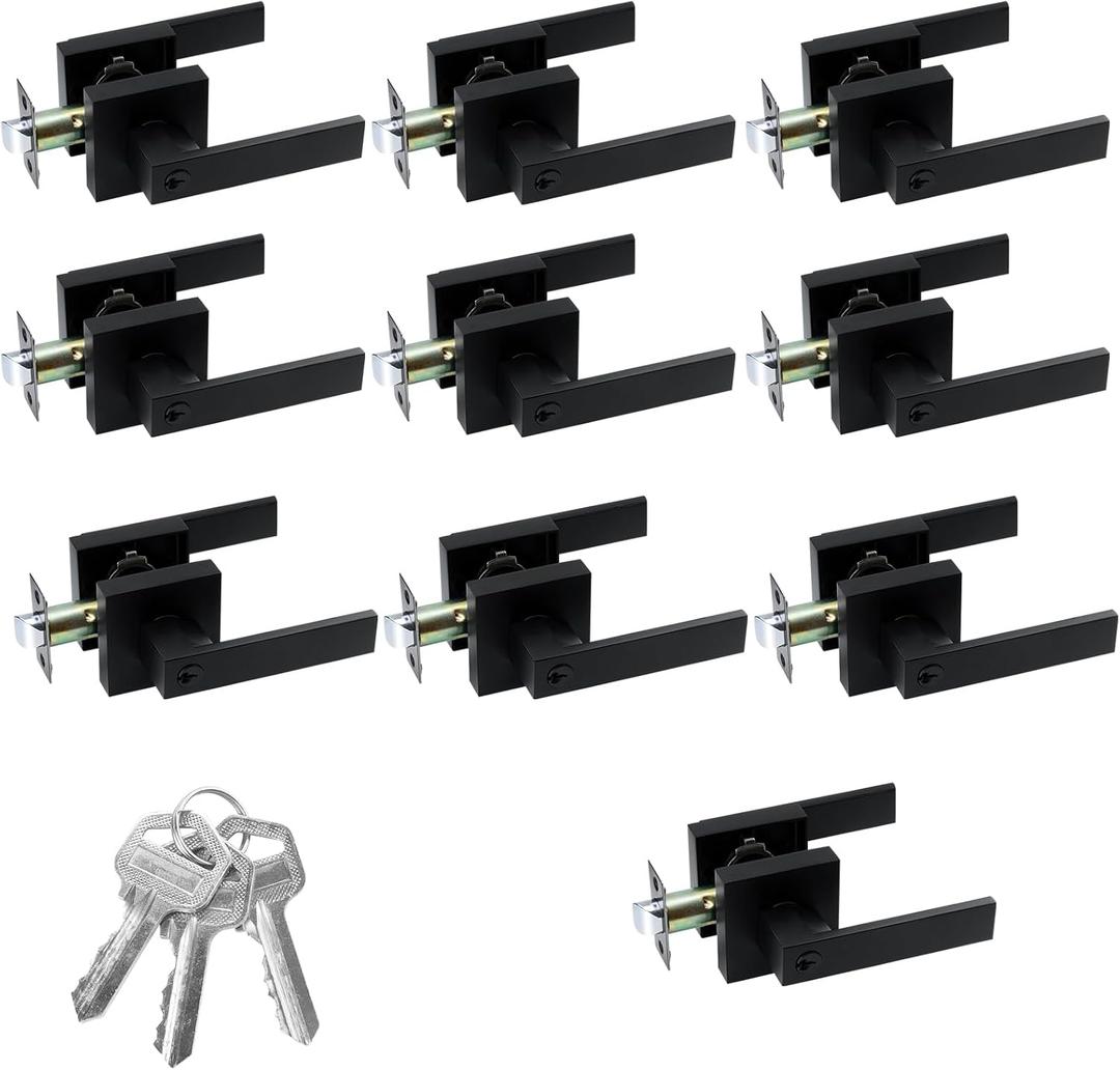 JO.KO 10 Pack Entry Door Lock Set, Square Door Lever for Bedroom, Passage Door Privacy Locking Interior/Exterior Entry Door Knob/Heavy Duty Lock Different Keys (Matte Black)