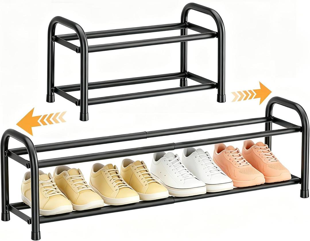 ENJOYBASICS 2 Tier Expandable Shoe Rack for Closet, Free Standing Metal Shoe Shelf Storage Organizer Holder 8 Pairs, Adjustable Width Shoe Rack for Entryway Small Space, Black
