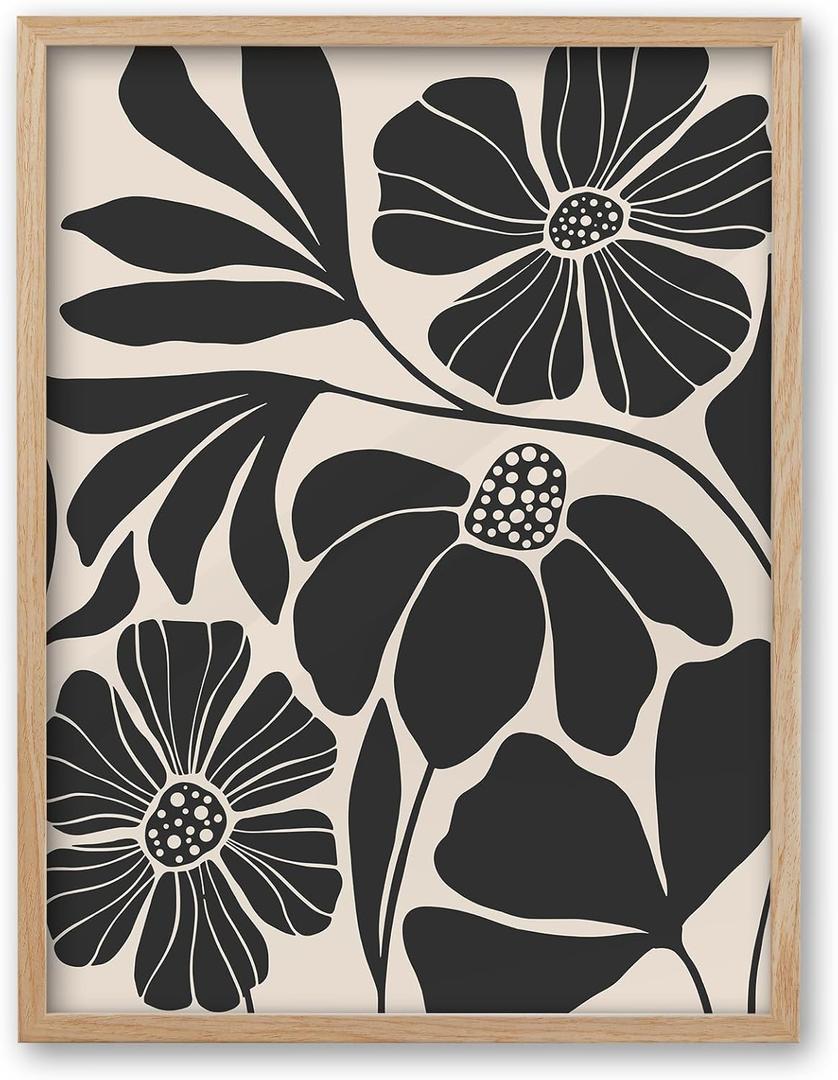 iHery Natural OAK Wood Abstract Botanical Framed Wall Art, 12x16 in Beige Black Flower Canvas Wall Art Modern Mid Century Botanical Neutral Wall Decor Set of 1 For Bedroom Living Room