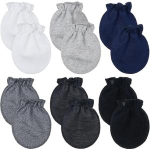 Syhood 6 Pairs Newborn Baby Mittens Cotton No Scratch Infant Gloves Mitten for Baby 0-6 Months Boys Girls (White, Light Grey, Black, Medium Grey, Black Grey, Navy Blue)