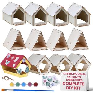 Neliblu Bird Houses to Paint for Kids - Wooden - 12 Pc, Plywood, Durable Material, Educational Fun, Complete Set, Child-Safe, Bulk Crafts - Paint a Bird House Kit for Kids