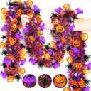 Halloween Decorations,50 FT Halloween Tinsel Garland with Orange Pumpkin Black Spider Purple Bat, Shiny Metallic Twist Garland for Home Tree Indoor Outdoor Party Decorations