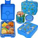 Bento Lunch Box Set for Kids with 10oz Soup Thermo, Leak-Proof Lunch Containers with 4 Compartment, Kids Thermo Hot Food Jar and Insulated Lunch Bag for Kid to School,BPA-Free(Dragon) (Blue-Tyrannosaurus Rex)