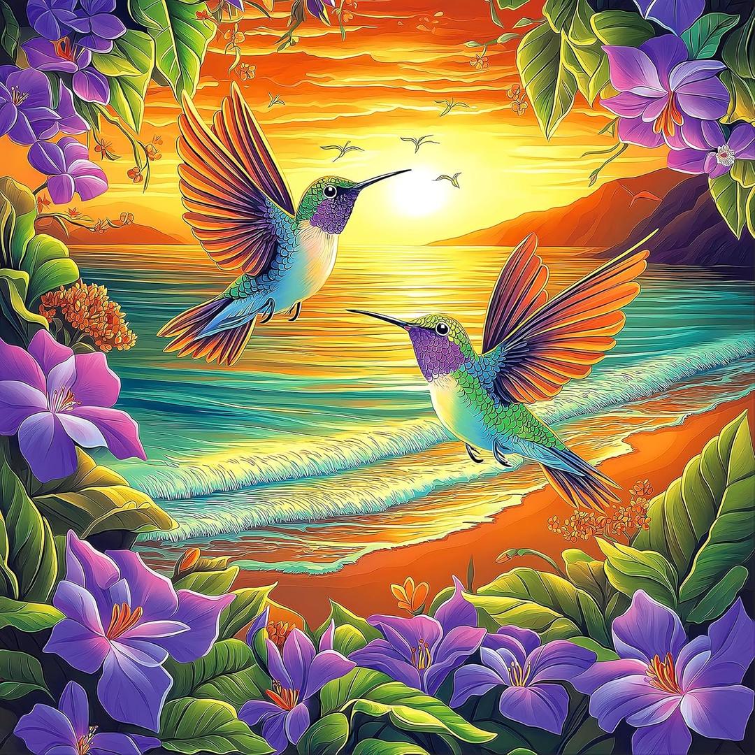 MINIWAN Hummingbird 500 Piece Puzzle for Adults，Sunset Ocean Flowers Theme | Large Pieces Jigsaw Puzzles for Seniors Letters on Back & Reference Poster Included Dust Free for Family Game Nights 20"x20"