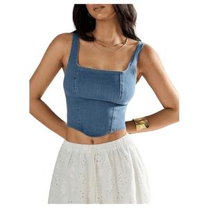 SHENHE Women's Denim Tank Top Sleeveless Square Neck Backless Slim Fit Y2k Crop Top Blue Small