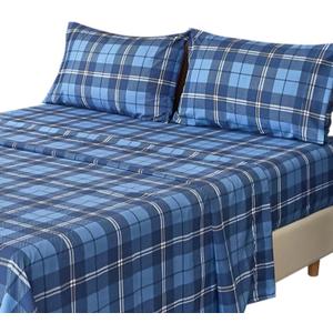 MICORAL Queen Sheet Set Plaid Patten, 4-Piece Printed Sheets, Silky & Lightweight Bedding Set, 16" Deep Pocket, Ultra Soft & Cooling Sheet, Oeko-TEX Certified, Plaid Royal Blue