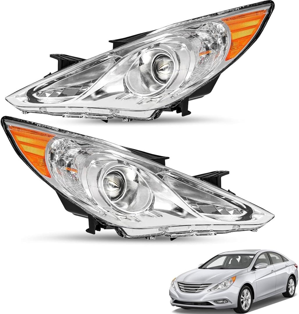 For 2011 2012 2013 2014 Hyundai Sonata Headlights Assembly Compatible with 11-14 Hyundai Sonata Head Light Headlamp Replacement Factory Style, Driver and Passenger Side, Chrome
