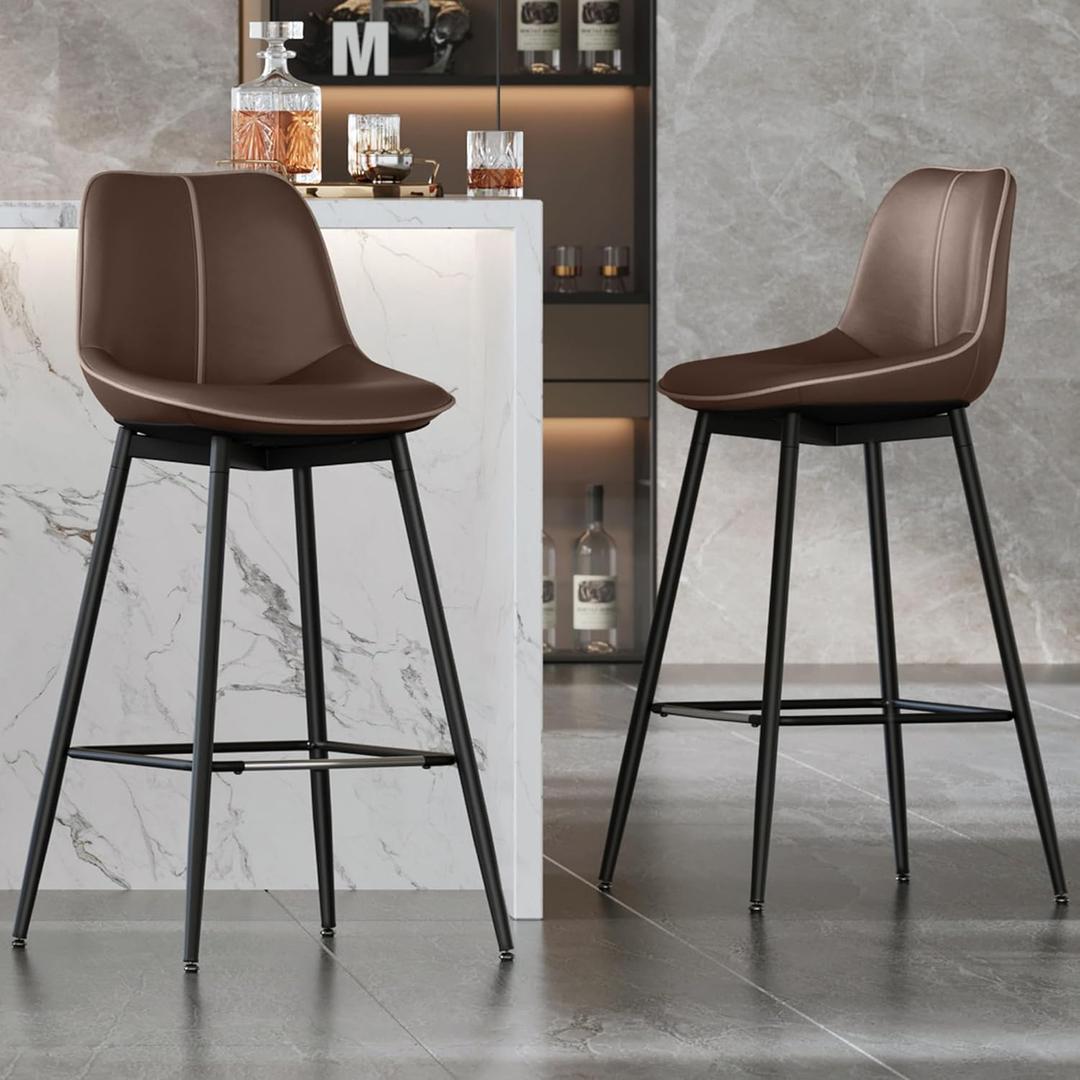 VASAGLE Bar Stools Set of 2, Bar Height Bar Stools with Back, Ergonomic Backrest, Synthetic Leather, Metal Legs, 28.5-Inch Tall Barstools for Kitchen Island Home Bar, Easy Assembly, Coffee Brown