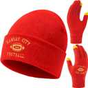 Classic Vintage Football Embroidery Beanie,Fasion Hat Cuffed Winter Comes,With Warm Gloves,Gifts for Men Women Fans (Red)