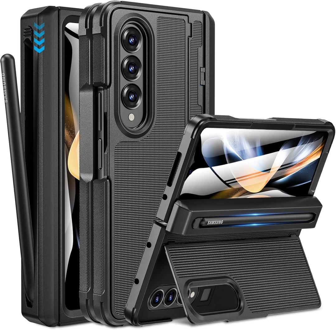 Caka for Samsung Galaxy Z Fold 4 Case [Thinner S Pen Holder] [Hidden Kickstand] [Hinge Protection] [Screen Protector] Full Body Hard Shockproof Phone Cover with Anti-Slip Textured for Fold4 - Black