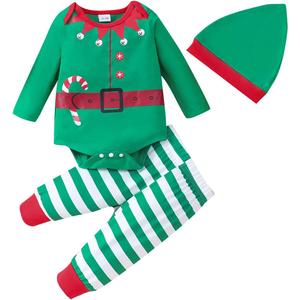 Newborn Baby Boys Girls Christmas Outfit Infant Xmas Romper Elf Santa Clothes, 0-6 Mounths