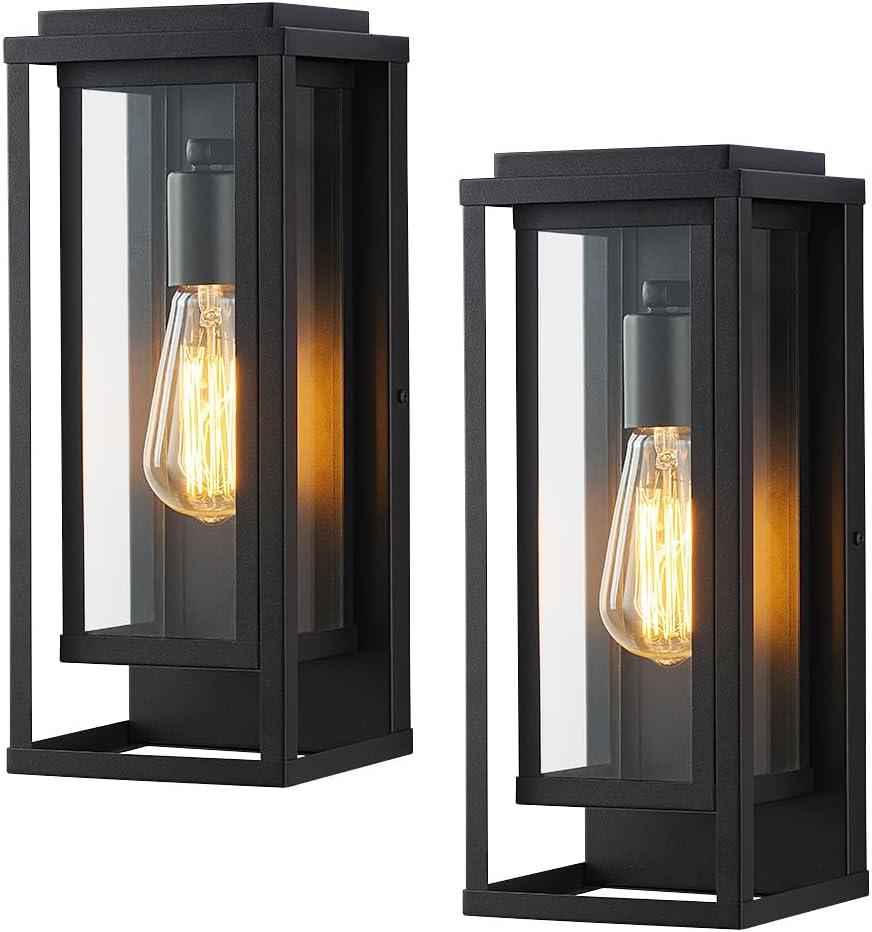 Cerdeco 14 Modern Outdoor Wall Sconce with Rectangular Metal Frame and Transparent Glass Shade,Black Outdoor Lighting for Garage Porch Patio Pack of 2 Medium