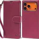 Wallet Case for iPhone 17 Series with Wrist Strap - PU Leather Folio Flip with Credit Card Holder & Kickstand, Protective Cover (Red, for iPhone 17 Pro Max)