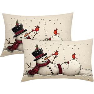 Christmas Lumbar Pillow Covers 12X20 Inch Snowman Red Birds Snowflake Decorative Pillow Cases Winter Holiday Cotton Linen Throw Pillows Set of 2 Farmhouse Home Decor For Sofa Couch Porch Outdoor