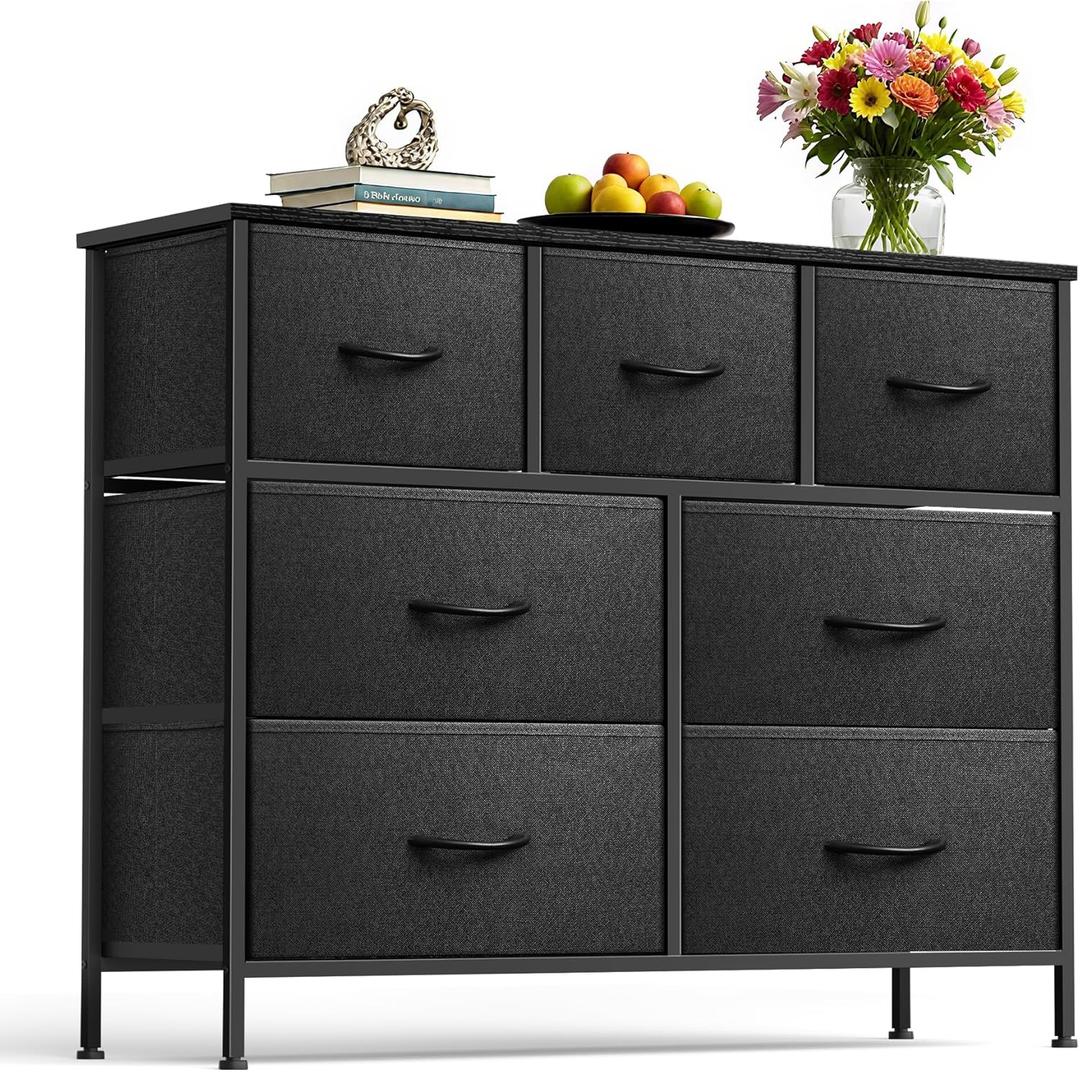 Dresser for Bedroom with 7 Drawers, Chest of Drawers, Storage Drawers Organizer Unit, Black Wide Fabric Dresser with Fabric Bins for Closet, Living Room, Entryway, Charcoal Black