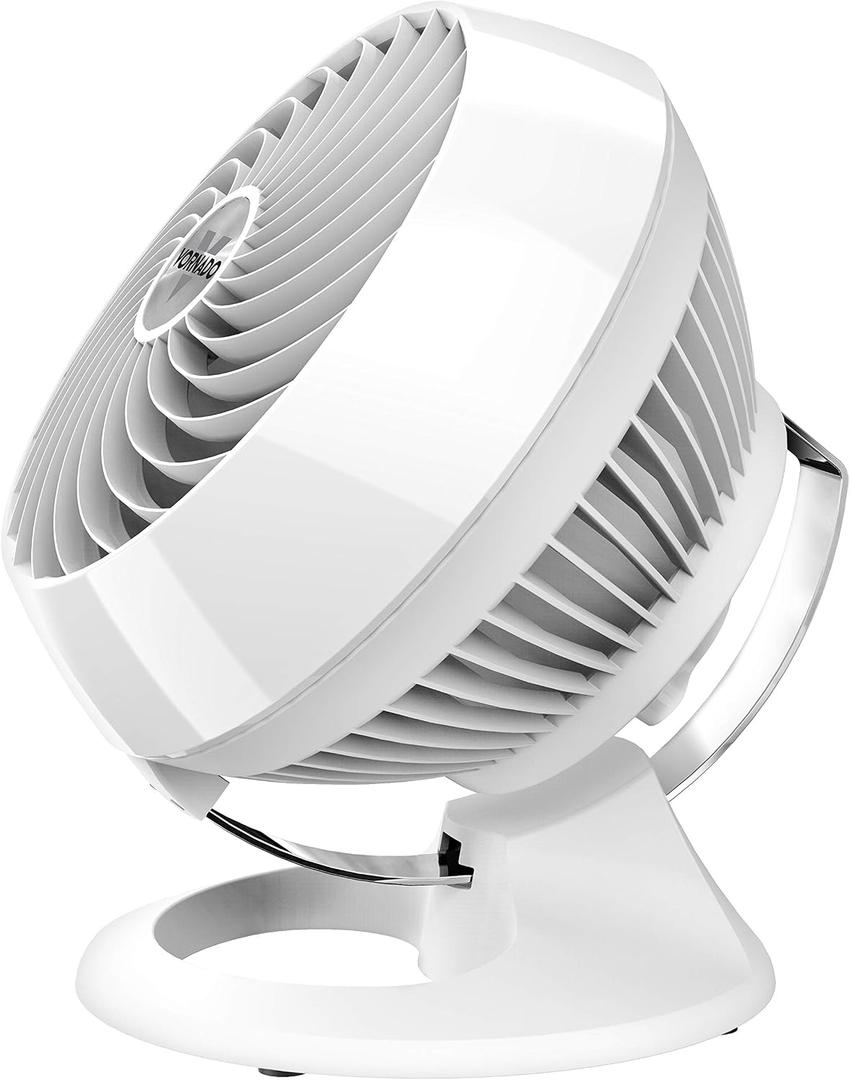 Vornado 460 Small Desk Fan with 3 Speed Settings, Adjustable Tilt Chrome Glide Bar, for Bedroom, Office, Home, Air Circulation up to 70 Feet, Quiet Table Fan, White