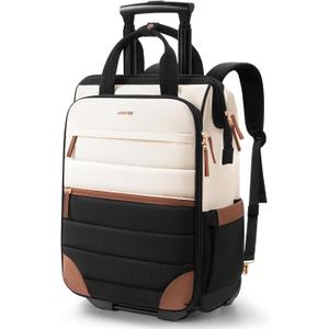 Rolling Puffer Backpack for Women, Travel Backpack with Wheels, 16 Inch Wheeled Laptop Backpck, Dual-Opening Design Overnight College Underseat Carry on Luggage, Roller Business Work Bag, Beige Brown, Large